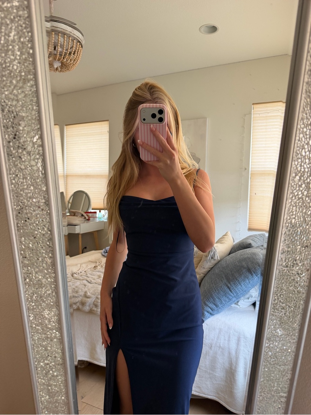Elegant Navy Strapless Maxi Dress with Thigh Slit